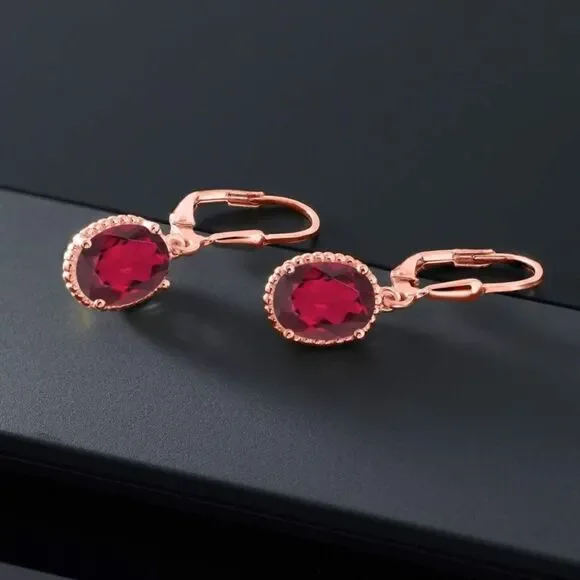 18K Rose Gold 925 with 3.60 Cttw Ruby Red Mystic Quartz Oval Leverback Earrings